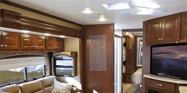 Motorhome interior with a completed television upgrade